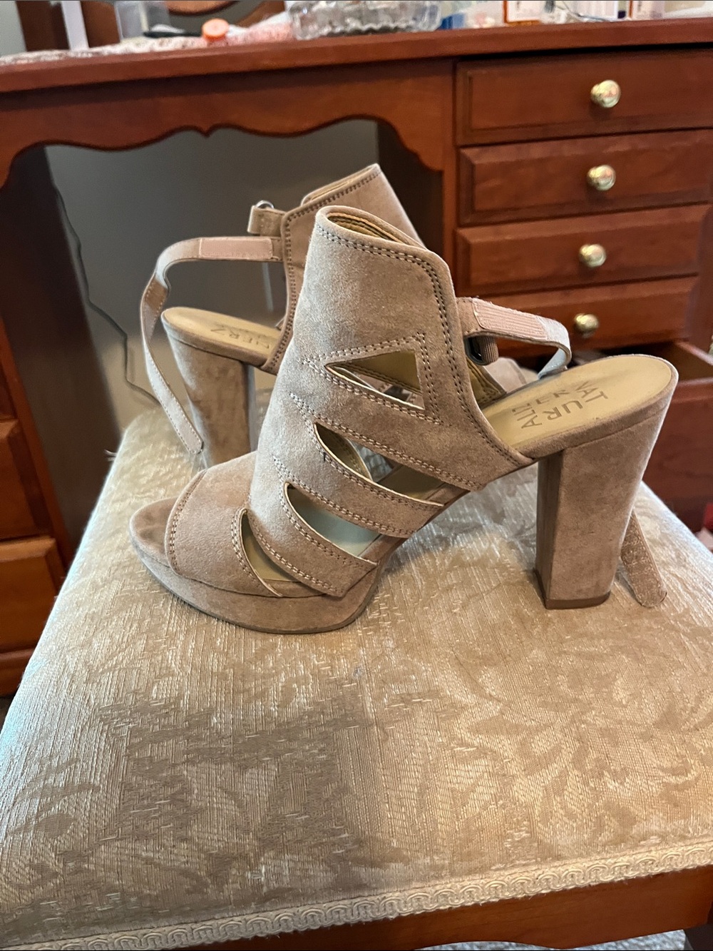 Naturalizer Taupe Suede Strappy Block Heel Sandals